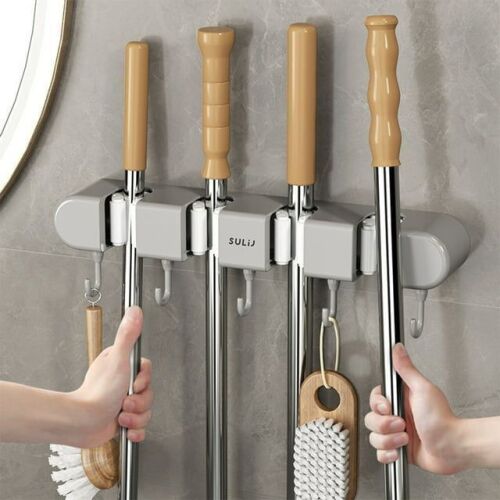 Lot of (7) Wall Mounted Broom Storage Rack with Hooks