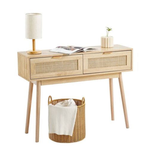 VEVOR Rattan Console Table with 2 Storage Drawers, Natural