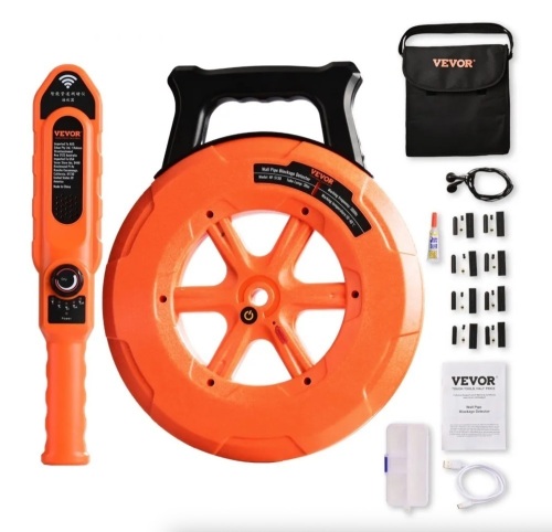 VEVOR 100ft PVC Pipe Locators Underground, IP67 Waterproof Pipe Blockage Detector with Adjustable Sensitivity