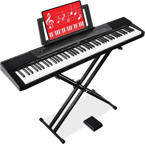 88-Key Full Size Digital Piano Electronic Keyboard Set for All Experience Levels w/Semi-Weighted Keys, Stand, Sustain Pedal, Built-In Speakers, 6 Voice Settings