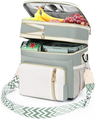 LOKASS Lunch Box & Lunch Bag for Women Men Double Deck,Large Insulated Adult Lunch Box Leakproof Lunchbox Cooler Bag for Work Picnic Beach,（Olive Green16L）