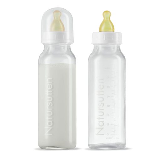 Natursutten Anti-Colic Glass Baby Bottle 2-Pack - 8 Ounce Bottles for Breastfeeding Babies - Newborn Bottles Set: Natural Rubber Slow-Flow Bottle Nipples, Seals, Valves, Baby Bottle Caps