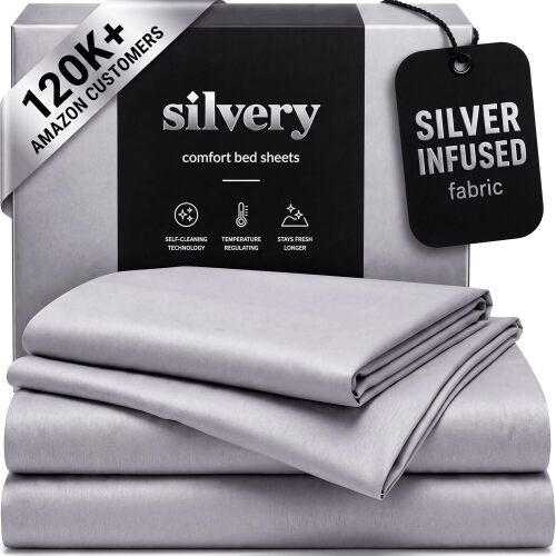 Silvery Silver Infused Bed Sheets Set - Ultra-Soft Temperature-Regulating Fabric with Self-Cleaning Technology that Stays Fresh 3X Longer for Hygienic Sleep