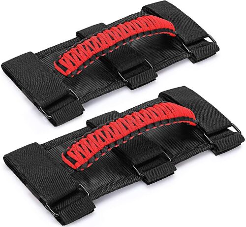 moveland 2 Pack Roll Bar Grab Handles for Jeep Wrangler TJ YJ JK 1955-2023 | Fits JL/JK/TJ/YJ & Gladiator Roll Bars, Paracord Grip Handles, 360LBS Metal Buckle, Easy-to-Fit 3 Straps Design, Red