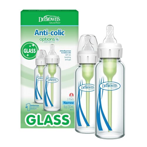 Dr. Brown's Anti-Colic Options+ Narrow Glass Baby Bottle, 8 oz, 2-Pack
