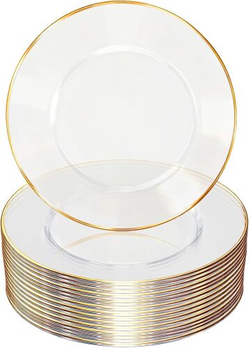 13 Inch Charger Plates, 16 Pack, Extra Thick Clear Charger Plates with Gold Rim, Extra Heavy Duty Disposable Plastic Chargers for Dinner, Elegant Dining, Wedding, Party, Formal Event Decoration