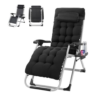 26-in Black Lounge Chair with Removable Cushion and Tray Folding Reclining Patio Chairs