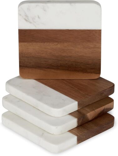 Twine Marble and Acacia Coasters, Modern Square Coasters, Acacia Wood, Marble, Protect Tables and Surfaces, Set of 4