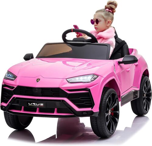 Electric Car for Kids 12V Licensed Lamborghini Ride On Car with Remote Control, Max Speed 2.5Mph, LED Lights, Music Players, Lockable Doors, Spring Suspension,Toddler Cars to Drive, Pink