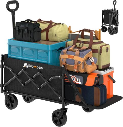 Blomoba 220 lbs Folding Wagon Cart with Wheels & Adjustable Handle, Black | Utility Wagon with Extended Tailgate, 360° Rotation Wheels, Portable Grocery Cart for Camping Shopping Garden Sports