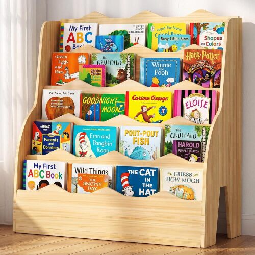 Kids Bookshelf Wooden Bookcase 5 Tier Front-Facing Organizer | Easy assembly