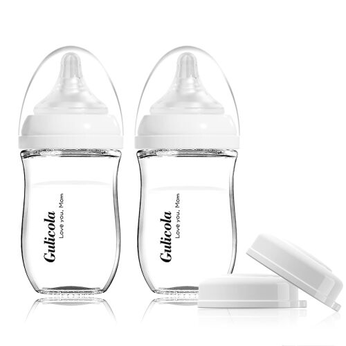 Natural Glass Baby Bottle for Breastfeeding Babies, Newborn Anti-Colic Bottle Set with Slow Flow Nipple, 0-3 Months, 5 oz, 2 Pack - White