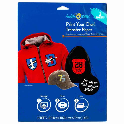 Hello Hobby Print & Transfer White Paper Sheets for Dark Colored Cotton Fabric, Use with Ink Jet Printer, Includes 3 - 8.5" x 11" Sheets, 5-Pack