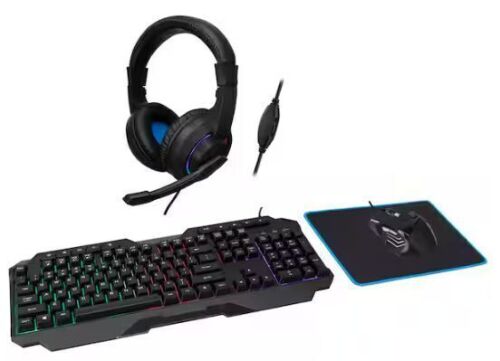 4-in-1 Gaming Bundle, Gaming Keyboard, Gaming Mouse, Gaming Headset, and Desk Pad Included, Black