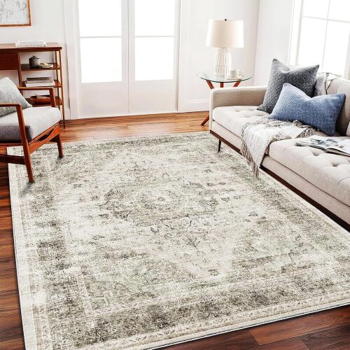 CHAMPLANT Washable Area Rug 9'x12' Retro Floral Khaki Boho Design Non-Shedding Easy Care Ideal for High Traffic Areas in Living Room Bedroom Office Coffee Table Kitchen Large Carpet