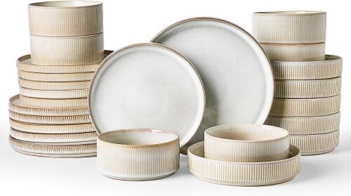 Famiware Star Stoneware Dinnerware Sets with Pasta Bowls, 24pc Dishes for 6