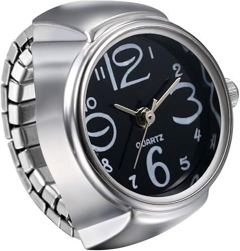 JewelryWe Finger Watch Analog Quartz Ring Watch Elastic Silver Band
