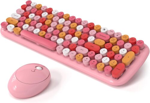Wireless Keyboard and Mouse Combo, Modern Compact Layout, Colorful Compact Candy Mouse and Retro Round Keyboard Set with Cover, for PC/Laptop/Windows/Mac