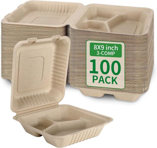 Aricsen Disposable 100 Pack 3 Compartment 8x9 Inch Take Out Food Containers