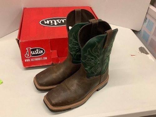 Justin Shadow Tan, T-Bone Green Boots, Size 9.5D - Lot 97