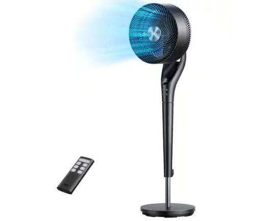DREO TurboPoly Fan 9 in. 9-Fan Speeds Pedestal Fan in Black with Exclusive Blue Blade, Remote and 2D 120° Oscillation