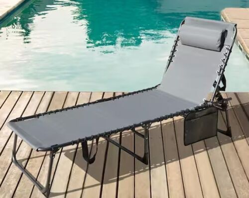 VEIKOUS Outdoor Folding Chaise Lounge Chair Fully Flat for Beach with Pillow and Side Pocket, Dark Gray