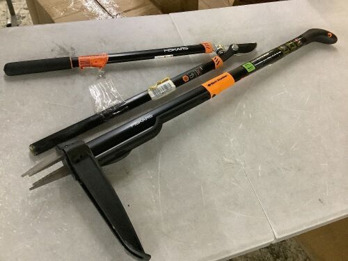 Fiskars 34 in. Stand up 4 Claw Long Handle Weed Puller Tool & 1-1/2 in. Cut Capacity Low-Friction Steel Blade, 28 in. Bypass Lopper with Non-Slip Handles