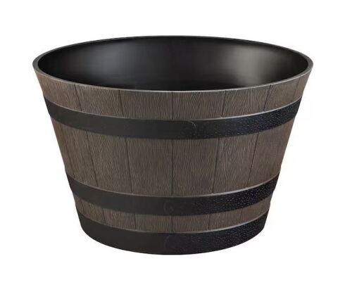 Vigoro Cameron Whiskey Barrel Large Brown Resin Round Planter (22 in. L x 22 in. W x 13.5 in. H)