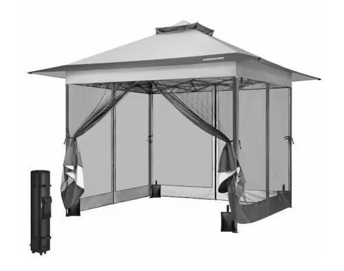 VIVOHOME 13 ft. x 13 ft. Double-Tiered Roof Pop up Gray Canopy with Mosquito Netting