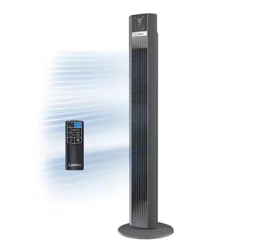 Lasko 48 in. 12-Speed Oscillating Tower Fan in Gray, Quiet Operation, DC Motor, Remote Control and 12-Hour Timer, 12 in. Dia