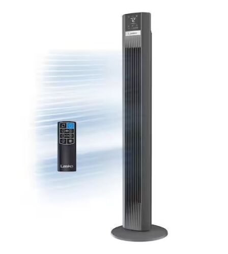 Lasko 48 in. 12-Speed Oscillating Tower Fan in Gray, Quiet Operation, DC Motor, Remote Control and 12-Hour Timer, 12 in. Dia