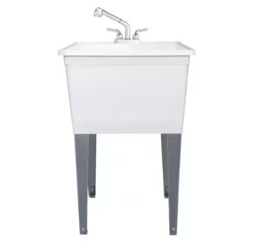 Glacier Bay 24.5 in. D x 22.5 in. W Freestanding Laundry/Utility Sink in White with Chrome Pullout Faucet
