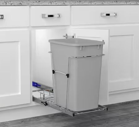 Rev-A-Shelf Chrome Steel Single 35 qt. Gray Waste Pullout with Detachable Storage Basket and Soft-Close