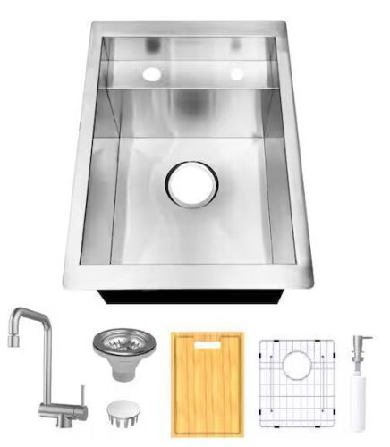 Glacier Bay Zero Radius 15 in. Undermount Stainless Steel Single Bowl Workstation Bar Sink with Stainless Steel Faucet