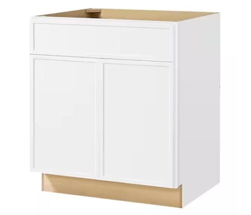 Hampton Bay Leyton 30 in. W x 24 in. D x 34.5 in. H Ready to Assemble Plywood Slim Shaker Base Kitchen Cabinet in Alpine White
