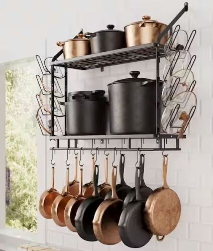 KES Matte Black 30 in. Wall Mount Rectangular Iron Pot Rack 2-Tier with 12 Hooks