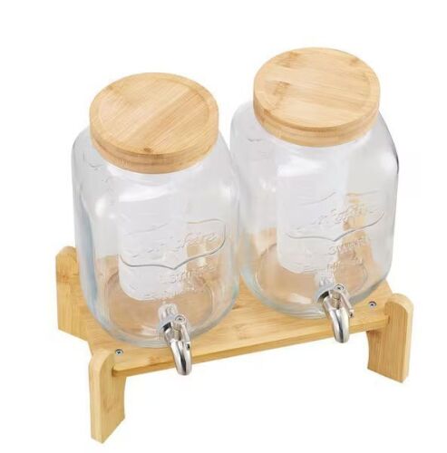 2 Pack 1 Gal. Glass Beverage Dispensers with Wood Stand