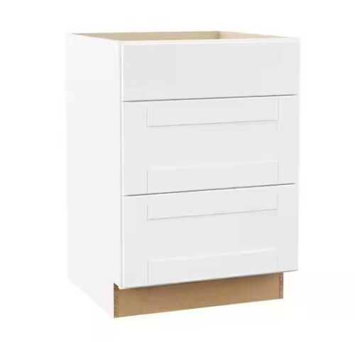 Hampton Bay Shaker 24 in. W x 24 in. D x 34.5 in. H Assembled 3 Drawer Base Kitchen Cabinet in Satin White