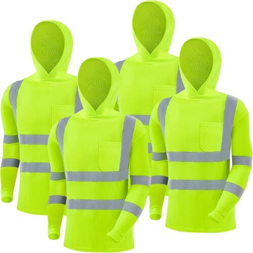 Reflective Safety Long Sleeve Hooded Shirt, Fluorescent Yellow, XX-Large, 4 Pack