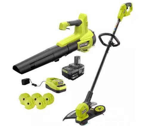 RYOBI ONE+ 18V Cordless Battery String Trimmer/Edger, Jet Fan Blower Combo Kit, 5 Pack. 080 Line w/ 4.0 Ah Battery and Charger