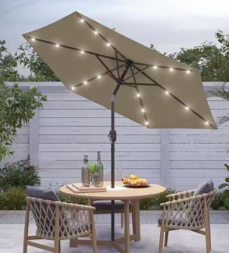7.5 ft. Solar Lighted LED Patio Market Crank and Tilt Umbrella, UV-Resistant Canopy in Taupe