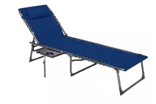 Outsunny Metal Folding Chaise Lounge Chair, 5-Level Adjustable with Headrest, Side Pocket Dark Blue