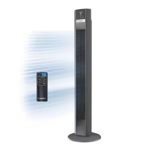 Lasko 48 in. 12-Speed Oscillating Tower Fan in Gray, Quiet Operation, DC Motor, Remote Control and 12-Hour Timer, 12 in. Dia