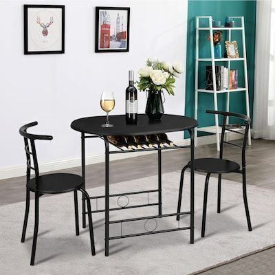 VINGLI 3 Piece Dining Set with 2 Chairs 1 Table and Wine Rack Black