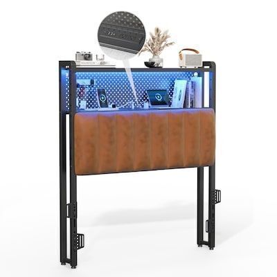 VINGLI Twin Size Upholstered Head Board with Charging Stations and LED Light 2 Tier Shelves and Pegboard Black Frame and Brown PU Back