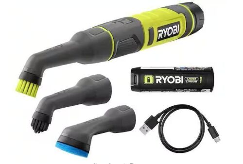 RYOBI USB Lithium Cordless Compact Detail Scrubber Kit w/ 2Ah Battery, Charging Cable & (3) Head Attachments-Med, Hard & Scour