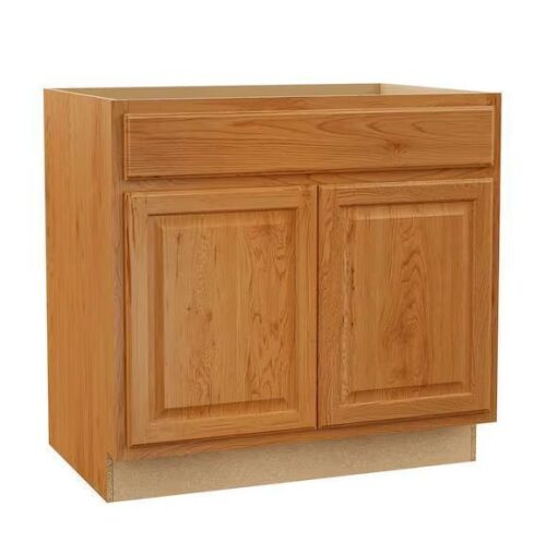 Hampton Bay Hampton 36 in. W x 24 in. D x 34.5 in. H Assembled Sink Base Kitchen Cabinet in Medium Oak