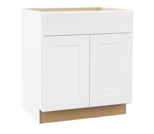 Hampton Bay Shaker 30 in. W x 24 in. D x 34.5 in. H Assembled Sink Base Kitchen Cabinet in Satin White