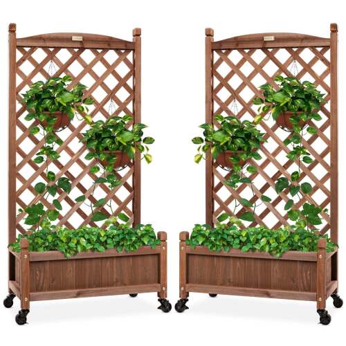 Set of 2 Wood Planter Box & Lattice Trellis w/ Optional Wheels - 48in