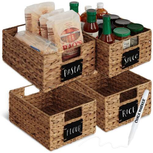 Set of 4 Water Hyacinth Pantry Baskets w/ Chalkboard, Marker - 12in